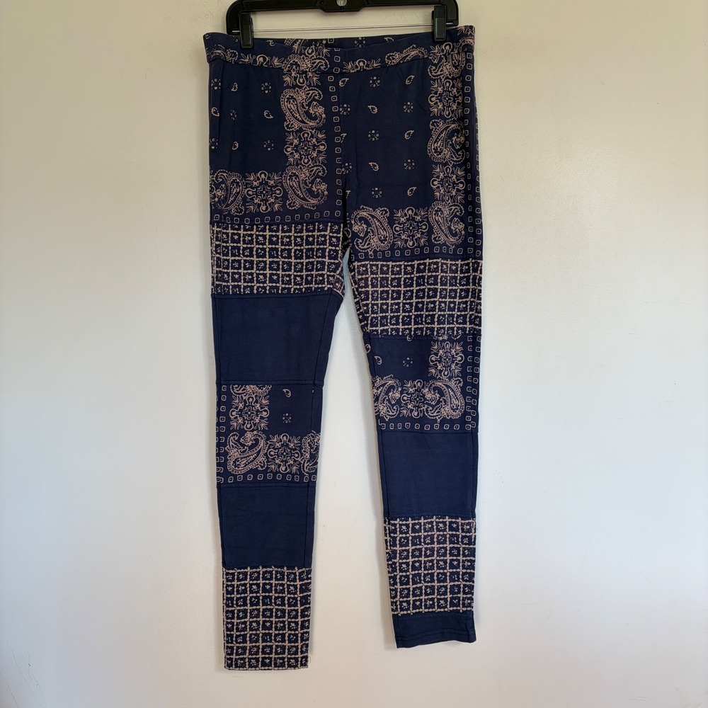 Free People Navy Bandana Patchwork Paisley Print Leggings Size L Boho Slim Pants
